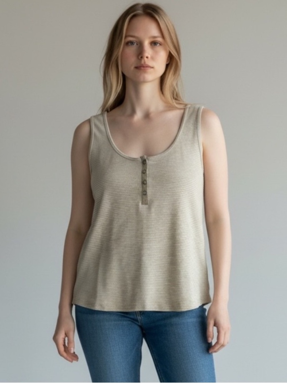 LC Lauren Conrad Beige Ribbed Henley Tank Top Size L